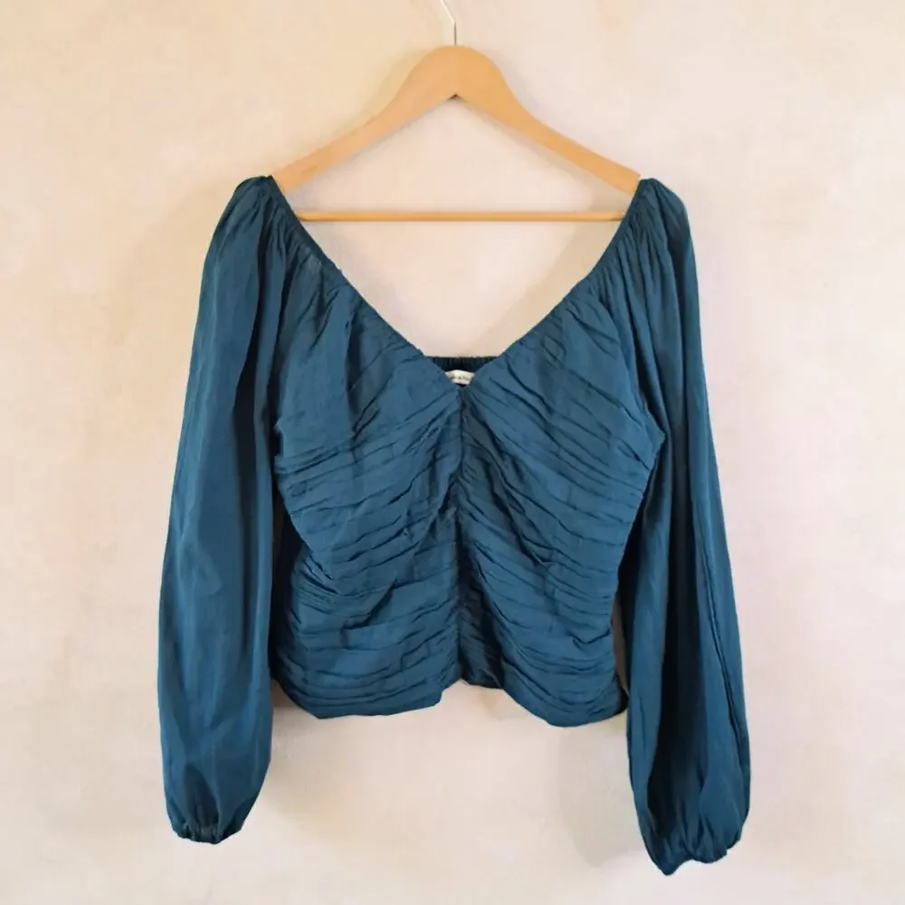 NWT ABERCROMBIE & FITCH Ruched V-Neck Puff Sleeve Smocked Cotton Top large Teal
